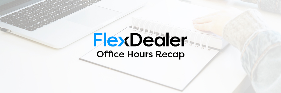 FlexDealer Office Hours Logo over white notebook